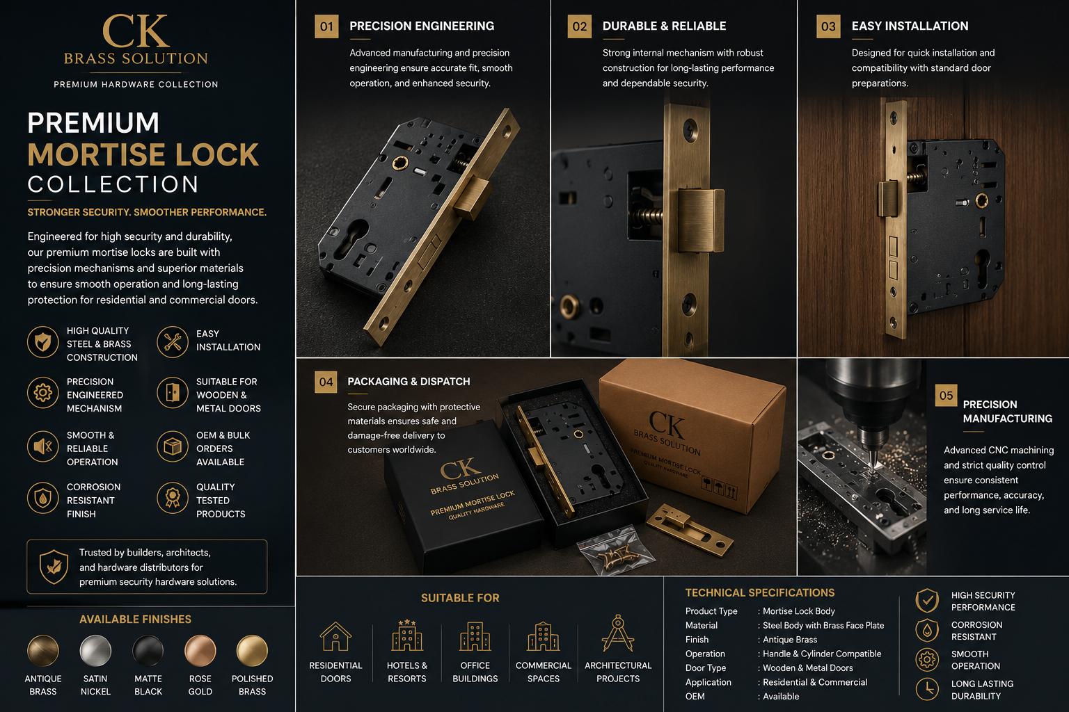 Premium Mortise Lock Body – Antique Brass Finish - Image 3